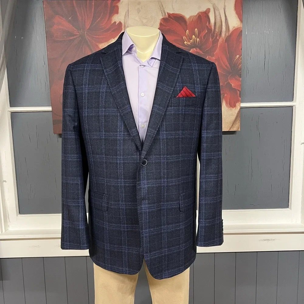 Joseph Abboud Blazer Jacket Sport Coat Mens 46R Wool Navy Flannel Plaid